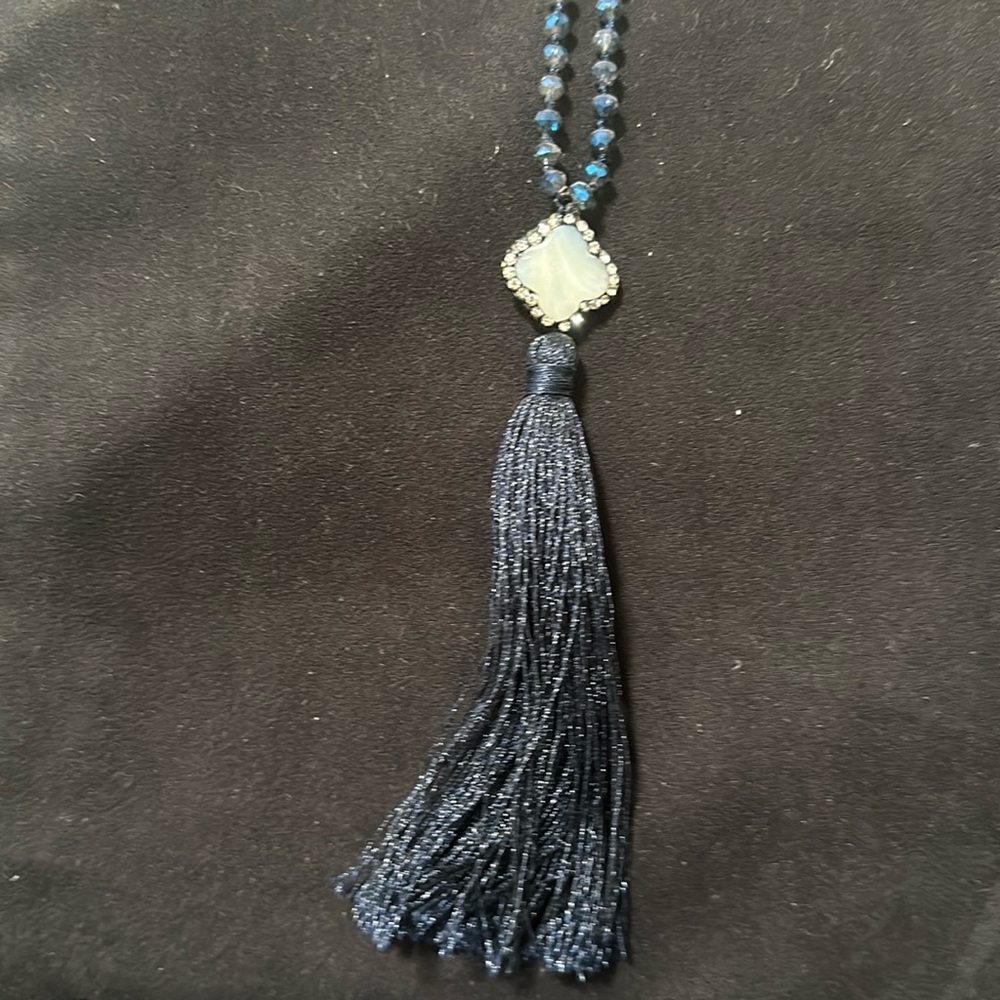 Necklace tassel beads rhinestone quatrefoil